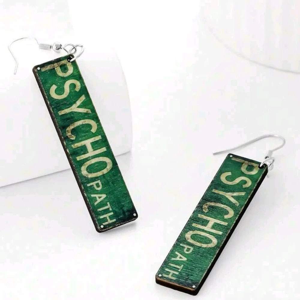 Green 'PSYCHO PATH' Horror Funny Graphic Wood Rectangular Dangle Earrings New!